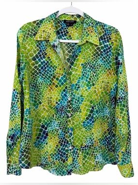 Paperwhite 100% Linen Button Up Shirt Colorful Reptile Print Size 12